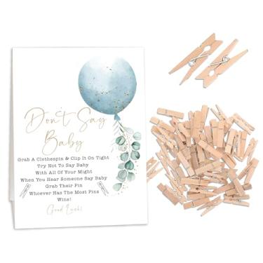 Imagem de Blue Boy Baby Shower Games, Don't Say Baby Game para chá de bebê (uma placa com 50 mini prendedores de roupa), decoração de chá de bebê com tema de eucalipto de balão azul, jogo de revelação de