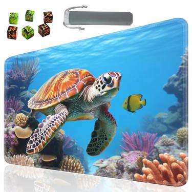 Imagem de SOTWONSO Tapete de mesa TCG para jogos de tabuleiro tamanho 60 x 35 cm mousepad compatível com MTG RPG CCG jogo de cartas colecionáveis tapetes com 6 dados (tapete 30) tartaruga marinha