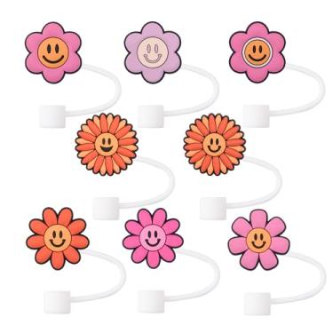 Imagem de Topos de palha de flores coloridas para copos Stanley, capas de palha de silicone rosa vermelha de 10 mm servem para copos de 30 e 1,134 g com alça, tampa de palha reutilizável para copos Stanley