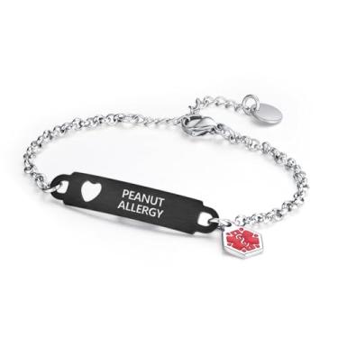 Imagem de Divoti Pulseira de identificação de alerta médico pré-gravada – Corrente simples de aço inoxidável prata, à prova d'água com símbolo de primeiros socorros – Personalizada para mulheres joias de saúde