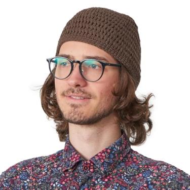 Imagem de Gorro masculino de algodão com caveira – chapéu de crochê Kufi Prayer de tricô sensível à pele quimioterapia, Marrom, Medium
