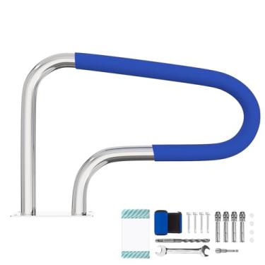 Imagem de Oswerpon Corrimão de piscina, corrimão de piscina de 81 cm x 57 cm para piscinas enterradas, corrimãos de piscina de aço inoxidável 304 com capa de nylon azul e rede flutuante inflável, acessório de
