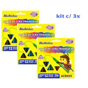 Imagem de kit 03 Giz de Cera Big Triangular Gizão Jumbo 12 Un. Acrilex
