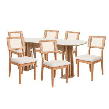 Imagem de Kit Mesa Oval 6 Cadeiras de Jantar Tela no Encosto 100% MDF Branco Bege Dalla Costa