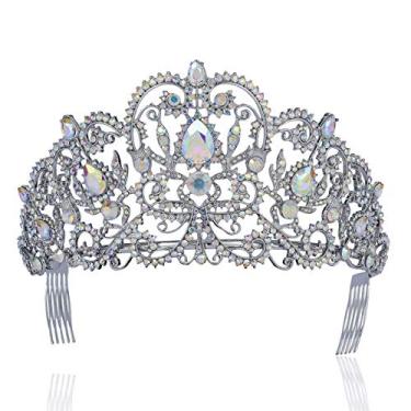 Imagem de Coroa de tiara de cristal com strass austríaco branco claro vitoriano com pentes de cabelo princesa rainha cabeça joia concurso de beleza aniversário noiva formatura concurso prata T1505 (AB branco)