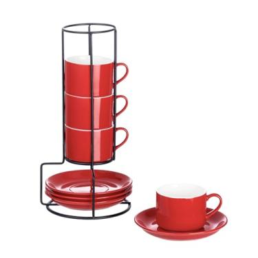 Imagem de Meichu Copos de café expresso empilháveis de porcelana de 118 ml com pires e suporte de metal, conjunto de 4 xícaras de cappuccino empilháveis, conjunto de xícaras expresso vermelhas para bebidas de