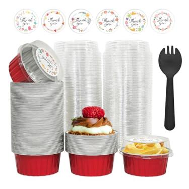 Imagem de 100 peças de copos de alumínio para assar com tampas, forros de cupcake de 142 g com tampas, mini recipientes de bolo de ramequins descartáveis, forros de estanho para festa de casamento e Natal