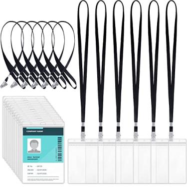 Imagem de 50 porta-crachás extragrandes com cordões porta-cartões de vacina verticais para passaporte de credencial à prova d'água PVC para preencher porta-crachás grandes com cordões pretos (16,7 x 4,5