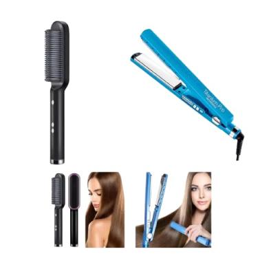 Imagem de Kit Escova Alisadora + Prancha Progressiva Profissional Elétrica de Nano Titânio, Anti- Frizz, Alisa, Modela e Alinha, Controle de Temperatura, Bivolt 110/220v