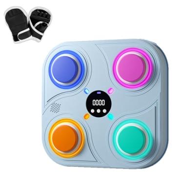 Imagem de Rock88 Máquina de boxe musical, alvo de iluminação interativo com visor digital e luvas pequenas, máquina de boxe de montagem na parede para exercícios em casa ou escritório, azul, luvas de meio dedo