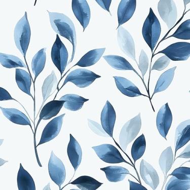 Imagem de VOLEAAR Papel de parede Boho floral Peel and Stick – Design de folha azul Papel de contato de vinil autoadesivo moderno para gaveta porta armário quarto banheiro paredes decoração de parede em azul e