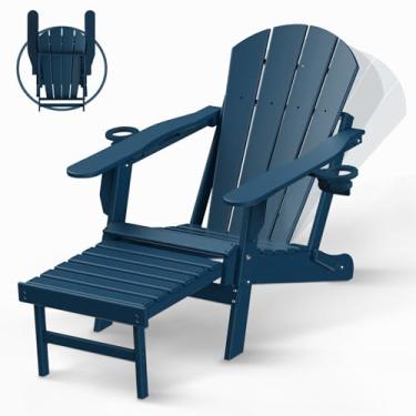Imagem de BRIOPAWS Cadeira Adirondack dobrável com encosto ajustável e otomana, textura de madeira HDPE para todos os climas com porta-copos e apoio retrátil para os pés para piscina, fogueira, deck, azul