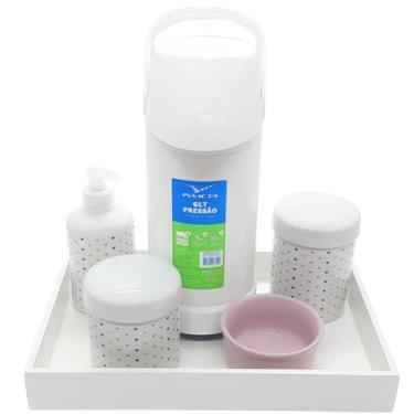 Imagem de Kit higiene Poá 6 peças Porcelana - Molh. Rosa - Bandeja Branca - Gené