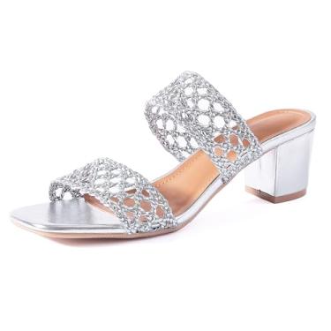 Imagem de N.N.G Sandálias femininas de salto trançado, nude, verão, grosso, quadrado, couro, confortável, com tiras, vestido casual, Prata trançada vazada, 35