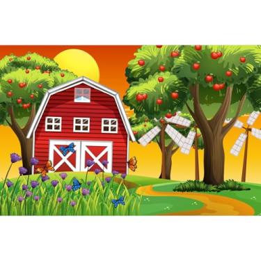 Imagem de Pano de fundo de celeiro vermelho fazenda, moinho de vento, macieiras, flores, borboleta, casa de fazenda, tema de animais de fazenda, decoração de cenário, prado, aniversário, festa, bolo, mesa,