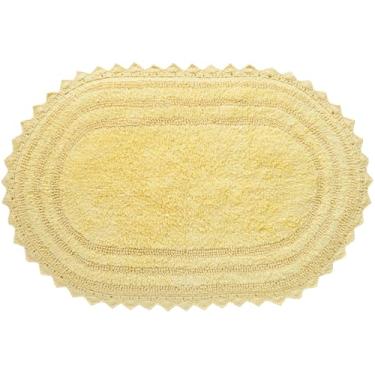 Imagem de RAJRANG BRINGING RAJASTHAN TO YOU Tapete de banho para banheiro cozinha e spa com padrão de crochê algodão absorvente macio reversível tapete de banho sol amarelo oval 60 x 43 cm