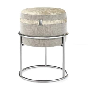 Imagem de Puff Redondo Estofado Com Base Metal Decoração Assento Banco Quarto Sala Salão Closet (Cinza/Couro Creme)