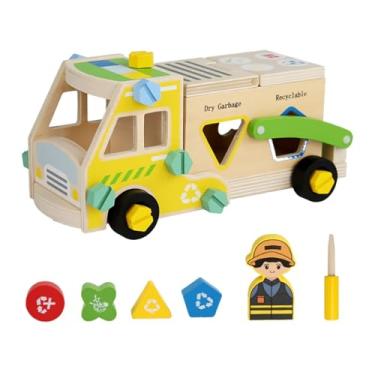 Imagem de menolana Wooden Kids Tool Set Caminhão de fenda Tancos de brinquedo Placa de parafuso engraçada Educacional pretenda brincar para crianças para 3 4 5 crianças, Caminhão de Lixo
