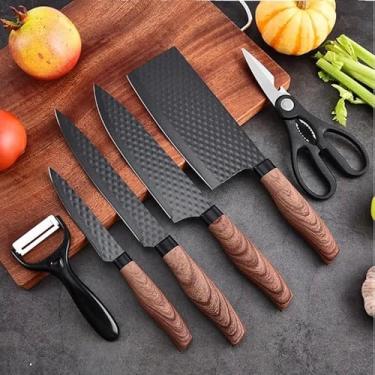 Imagem de Faca Profissional Carne Cutelo Legumes Aço Carbono Descascador Tesoura - Kit 6 Peças