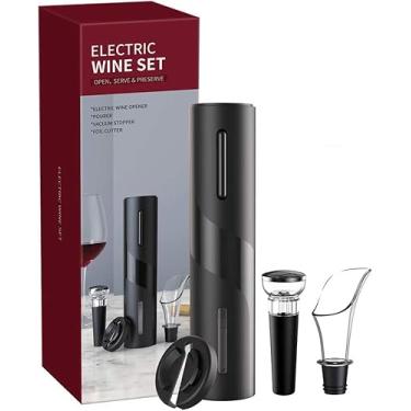 Imagem de Kit Abridor de Vinho Elétrico Recarregável USB, 4 Peças, com Bico Decanter, Rolha de Borracha e Cortador de Lacres