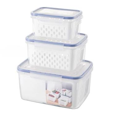 Imagem de Kit 3 potes cestas Conjunto De Caixas Frigoríficas Multifunctioal De Cozinha Com Tampa Cesta De Drenagem De Grande(P+M+G)