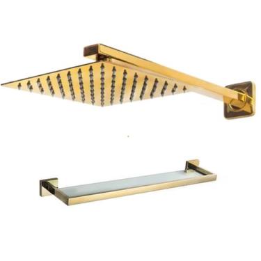 Imagem de Kit Chuveiro Ducha 30cm Parede Dourado + Porta Shampoo Gold - Fine Met