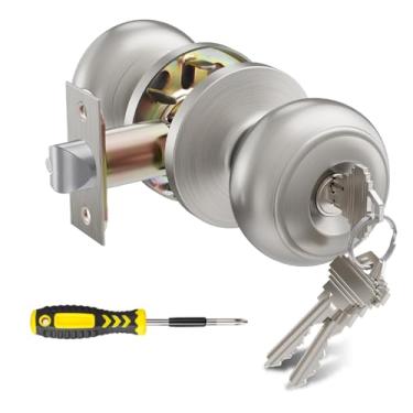 Imagem de Maçaneta de porta de entrada com fechadura e chaves, maçanetas de porta exterior/interior para quarto ou banheiro, maçanetas de aço inoxidável acetinado para porta da frente Lanwandeng