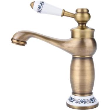 Imagem de Torneira de latão antigo para banheiro cozinha dourada vintage com porcelana azul e branca 1 furo, torneira misturadora de pescoço longo, pia de bacia de água fria e quente (acabamento escovado antigo