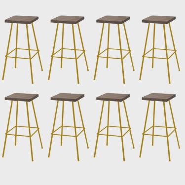Imagem de Kit 08 Banquetas Alta Eliza 75cm Industrial Para Cozinha Ferro Dourado 100% mdf Rústico...