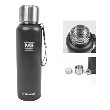 Imagem de Garrafa Térmica de Aço Inoxidável 1000ml Preta Portátil Vácuo C/ Alça 