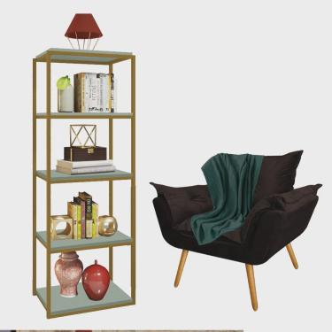 Imagem de Kit Poltrona Fatte com Manta Soft Verde e Estante Livreiro Ferro Dourado mdf Verde Oliva Suede Marrom - Ahz Móveis