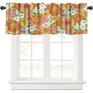 Imagem de Cortina floral retrô dos anos 70, hippie groovy flor flor boho abstrata estética estética pequena tratamentos para cozinha sala de estar café decoração haste bolso vintage 137 x 45 cm, 1 painel