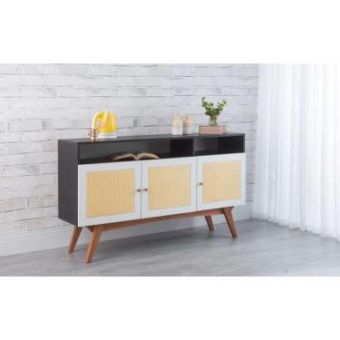 Imagem de Balcão Buffet Para Sala De Jantar Mdf Preto Pés Jatobá 3 Portas Branca