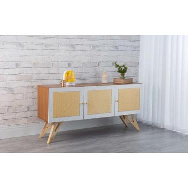 Imagem de Balcão Buffet Para Sala De Jantar Mdf Freijó Pés Taeda 3 Portas Branca