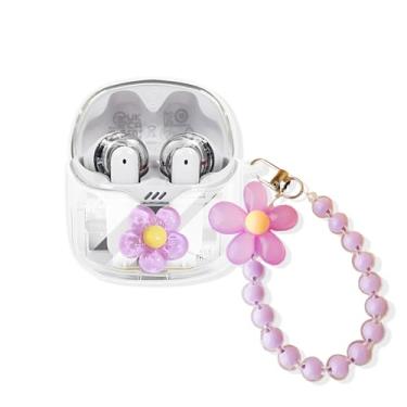 Imagem de SKPY Capa protetora de TPU com design de flor tridimensional 3D compatível com JBL Tune Flex à prova de choque com mosquetão e pulseira de contas para meninas e mulheres