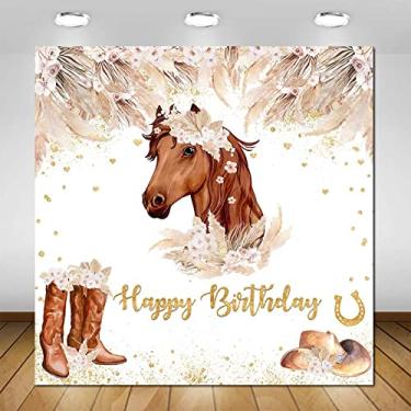 Imagem de Avezano Pano de fundo de aniversário de cavalo boho, rosa, capim-dos-pampas, vaqueira, aniversário, decoração de festa de aniversário para meninas (2,4 x 2,4 m)