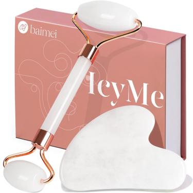 Imagem de Facial Roller & Gua Sha Set baimei Jade para cuidados com a pele - branco