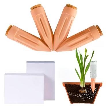 Imagem de Nrowoll Pacote com 4 estacas grandes de terracota autoirrigáveis com tampas - irrigador automático de plantas para plantas internas/externas, sistema de irrigação automática adequado para férias