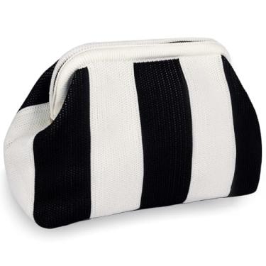 Imagem de Croché de mulheres Riscas verão Praia Clutch Saco Bloco de cores Plissado Bolsa Casual (BlackWhite)