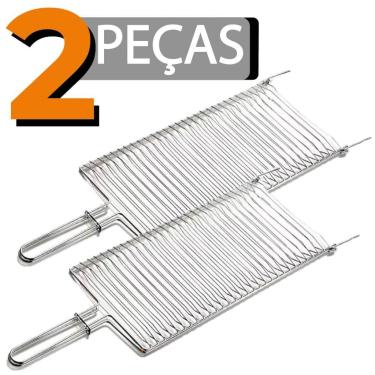 Imagem de Grelha Dupla Folha Grande Churrasco Peixe Frango Linguiça Aço (2, CROMADO)