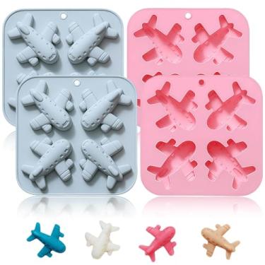 Imagem de 4 peças de moldes de chocolate de silicone para aviões, bandejas temáticas de cubos de gelo, chá de bebê, festa de aniversário, bolo, doces, cera, giz de cera, derrete cupcake, ferramentas