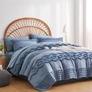 Imagem de Conjunto de edredom KAKIJUMN Blue Tufted, 7 peças de microfibra Queen