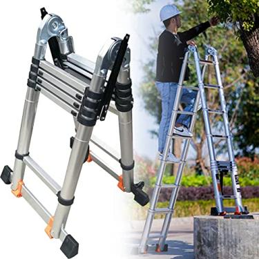 Imagem de Escada telescópica dobrável de alumínio, escada extensível compacta com dobradiças e rodas, escada telescópica multiuso para consertar luzes de teto alto ()