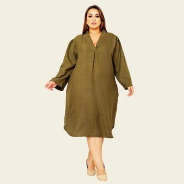 Imagem de Vestido Curto Curvy Linho Solto Elegante Lia Rosa, Verde musgo, GG