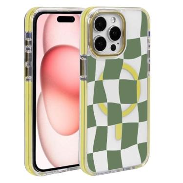 Imagem de Punmada Capa para iPhone 13/14 para MagSafe, verde amarelado transparente com design à prova de quedas, carregamento magnético resistente à prova de choque, compatível com iPhone 13/14, cubo torcido