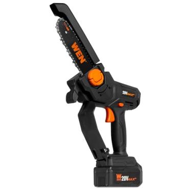 Imagem de WEN Mini motosserra sem fio máxima de 20 V com barra de 15 cm, bateria de 4Ah e carregador (20736)