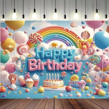 Imagem de Happy Birthday Balões de pirulito de arco-íris com desenho animado de um primeiro aniversário com balões coloridos pirulitos e bolo para crianças, chás de bebê e mais cenários de festa (C, 2,1 x 1,5 m