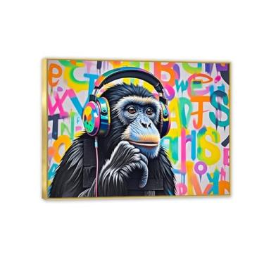 Imagem de Macaco gorila animal pintura inspiradora imagens pôsteres impressões arte dj macaco pensando com fones de ouvido arte de parede em tela para sala de estar escritório decoração de parede 80 x 60 cm (32