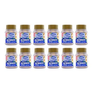 Imagem de Kit 12 Tintas para Tecido Glitter Acrilex Ouro 201 37ml | Brilho Intenso, Fixação a Frio, Alta Cobertura e Durabilidade para Customização e Artesanato