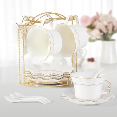 Imagem de Xícaras de chá e pires DUJUST Conjunto de 4 (200 ml), com acabamento dourado, xícaras de café com estampa em relevo com suporte de metal, conjunto de chá de porcelana real britânica – branco